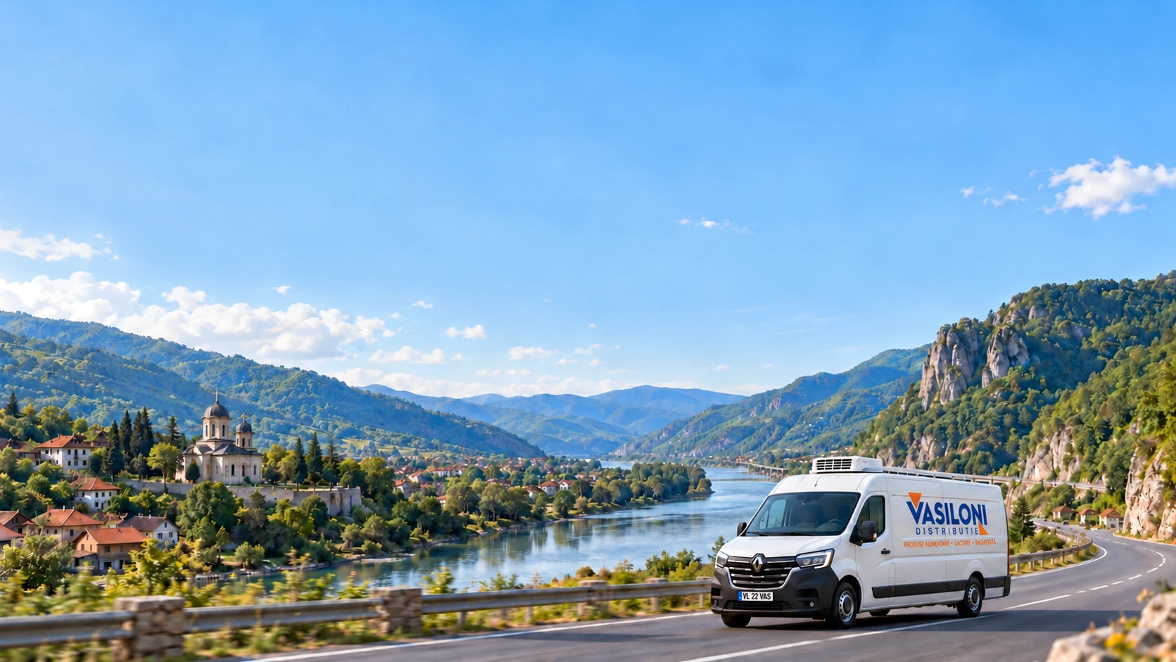 Imagine ilustrativă generată, inspirată de Vâlcea: o dubă frigorifică Renault Master Vasiloni, cu numărul VL 22 VAS, pe un drum de lângă râu
